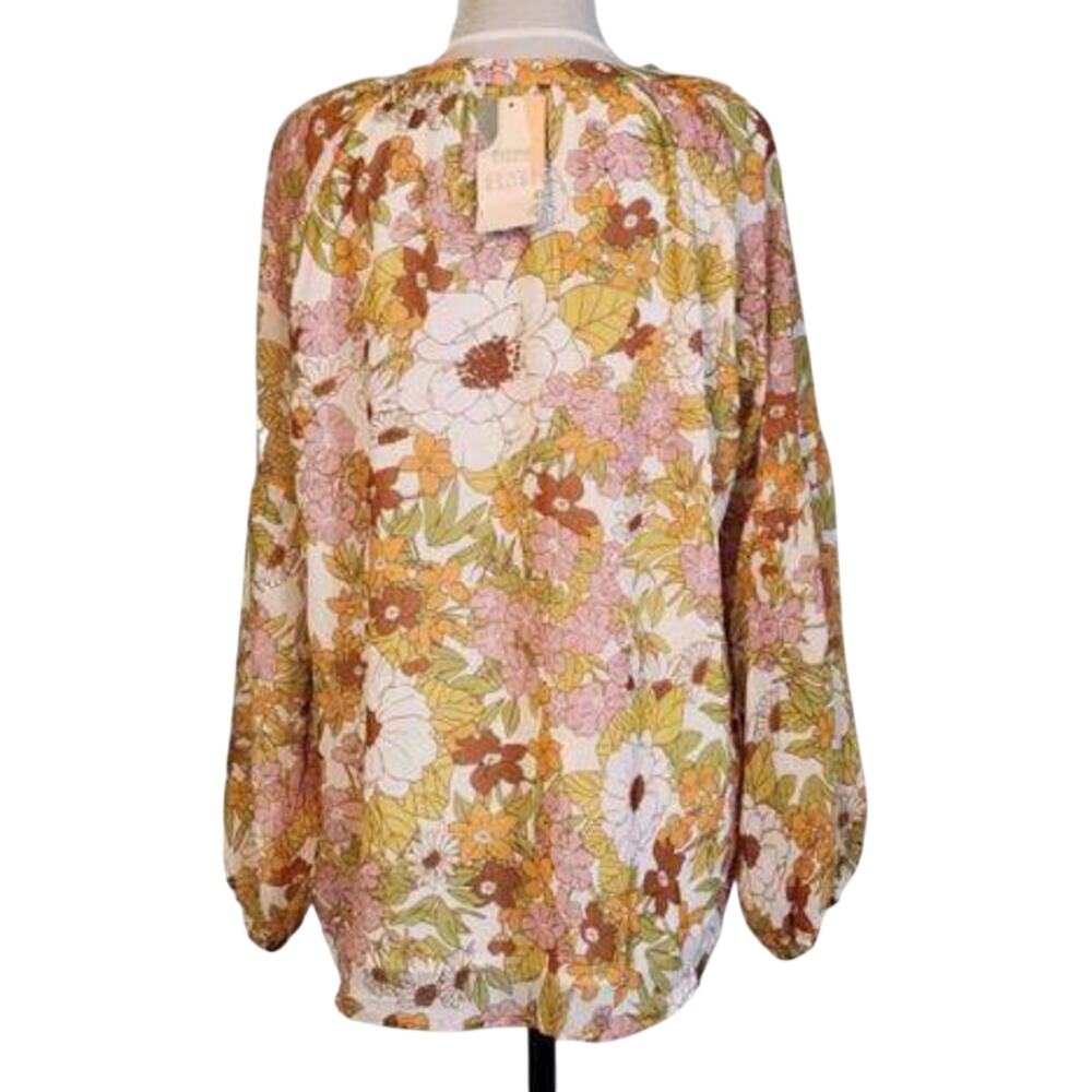 BTFBM Size Large Tan Pink Floral V Neck Long Balloon Sleeve Boho Top NWT - Picture 4 of 8